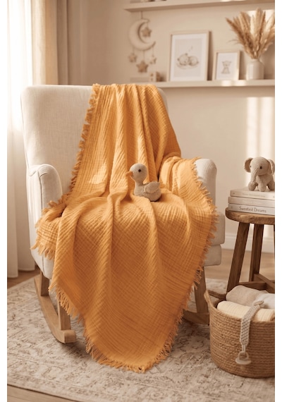 Müslin Püsküllü 4 Katlı Müslin Battaniye 90x120 Cm - Ze4katlı Turuncu