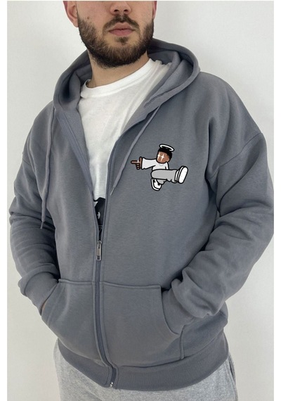 Altamira Unisex Gri Karikatür Baskılı Mevsimlik Oversize Kapüşonlu Hırka 001