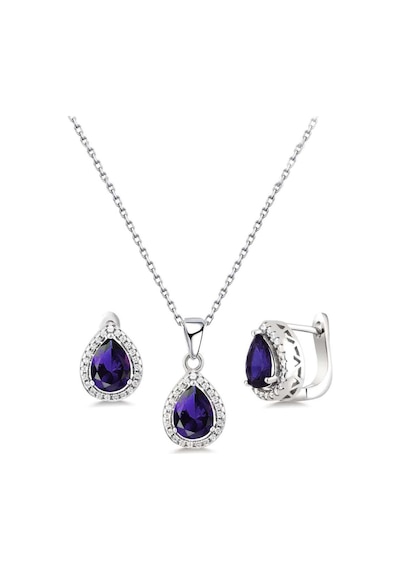 Brezza Lusso Jewelry Damla Model Safir Mavisi Zirkon Taşlı Gümüş Kadın Kolye Küpe Seti