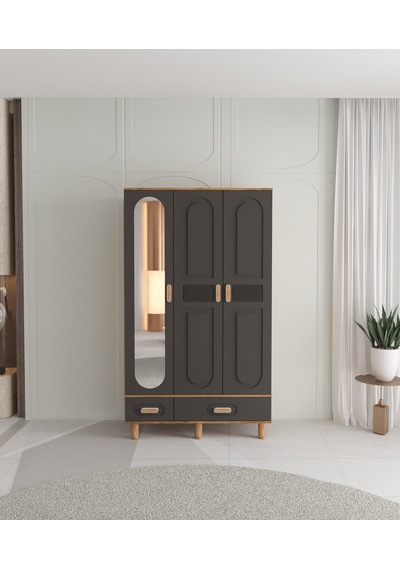 Dova 3 Kapaklı Çekmeceli Gardırop - Tamamı Mdf Antrasit Dova 3 Kapaklı Çekmeceli Gardırop - Tamamı Mdf Antrasit