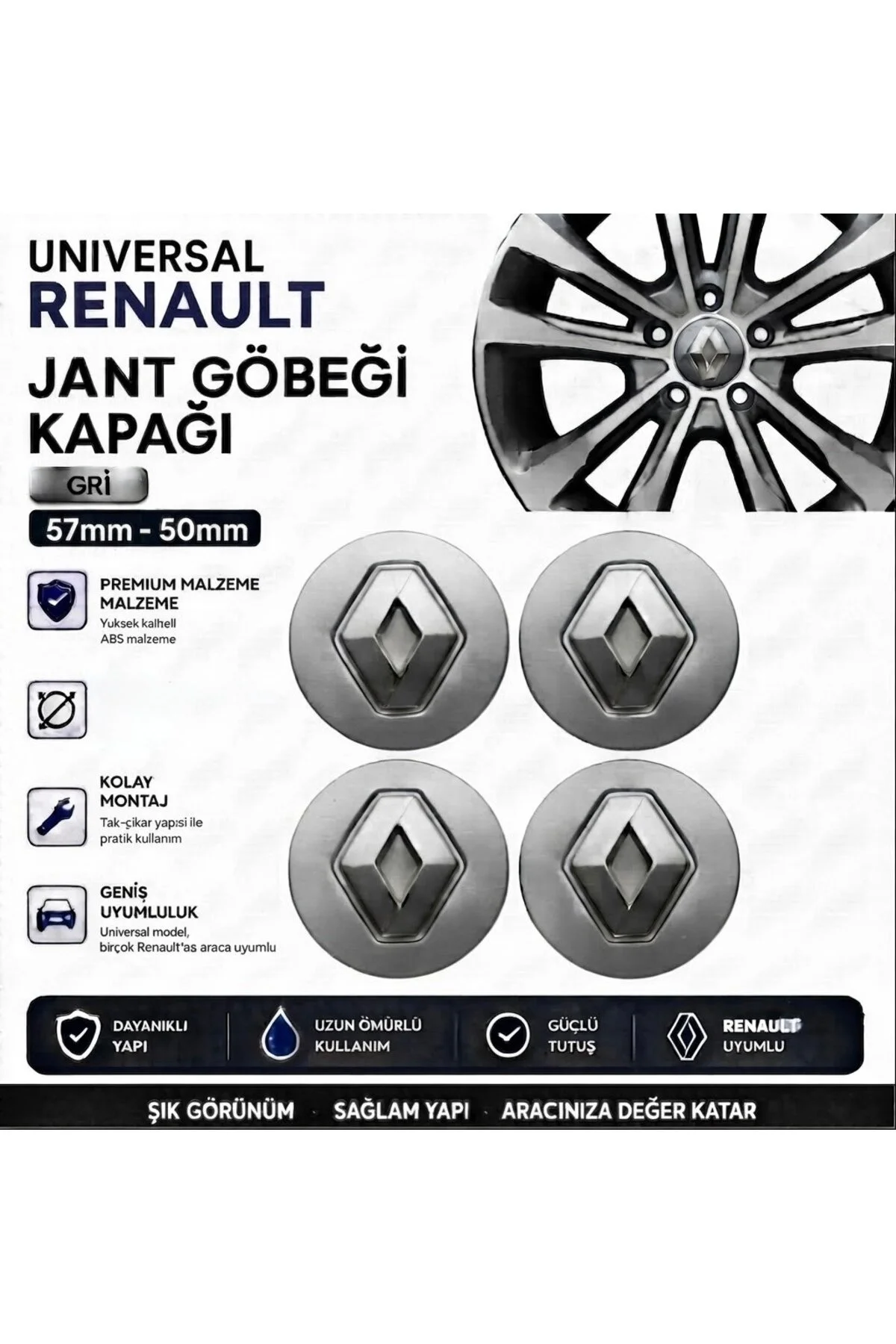 Universal Renault Jant Göbeği Kapağı 57 Mm - 50 Mm Gri