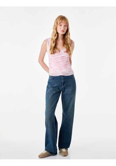 Koton Slim Fit Kruvaze Yaka Kolsuz Çiçekli Tül Bluz Pembe Desenli 7wal30012ık