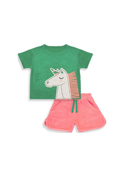 Denokids Unicorn Kız Çocuk Havlu Şort T-shirt Takım Çok Renkli
