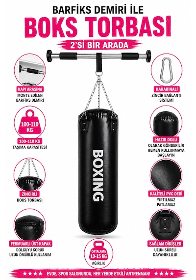 Spor Byfit 70 Cm Boks Torbası Ve Kapı Barfiks Demiri - 2 Si 1 Arada Siyah