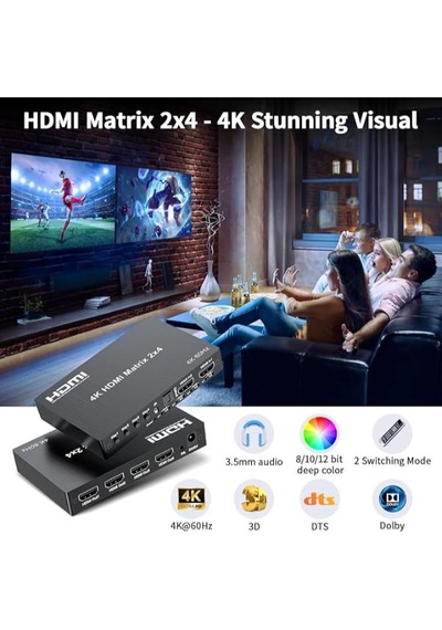 Hdmı 2x4 Matrix Switch 4k 60hz 2 Giriş 4 Çıkış Optik Ve 3.5mm Ses Çıkışı