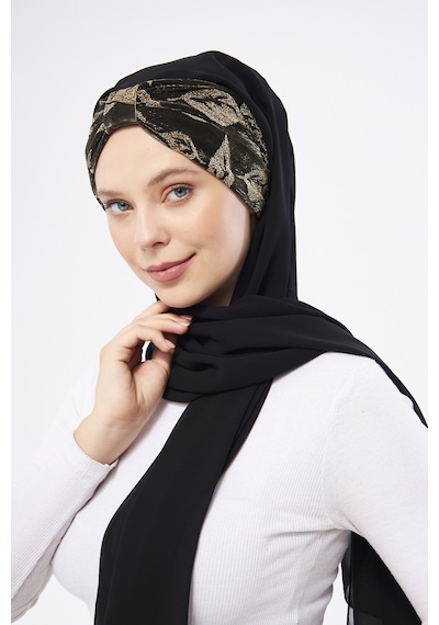 Hürrem Bone Siyah Simli Arkadan Bağlamalı Şal Şifon Çiçek Desenli 2318 01