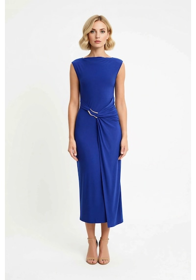 Benerly Kadın Bodycon Midi Elbise Kolsuz Kayık Yaka Aksesuar Detaylı Örne Saks