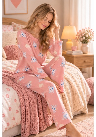 Free Beka Bisiklet Yaka Şık Desenli Rahat Ve Esnek Kumaş Uzun Kollu Kadın Pijama Takımı Pembe Free Beka Bisiklet Yaka Şık Desenli Rahat Ve Esnek Kumaş Uzun Kollu Kadın Pijama Takımı Pembe