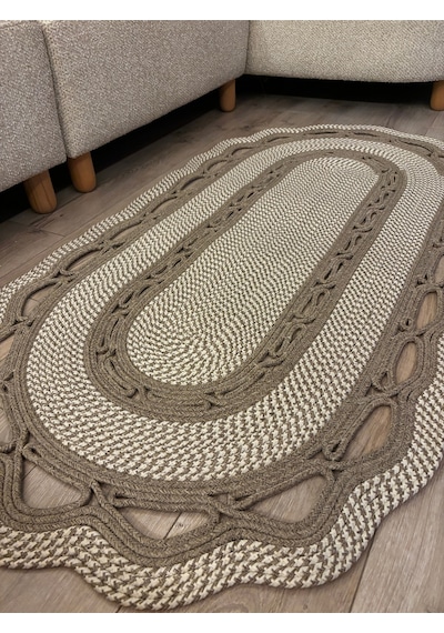 Mavaux Sarmaşık Model Oval Hasır Görünümlü Jüt Kilim Paspas Halı Taş