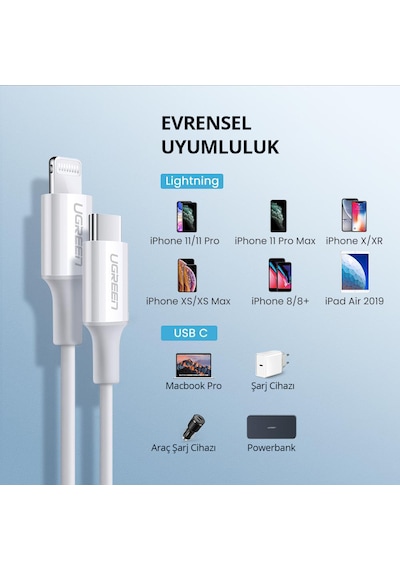Ugreen 60749 Type-C to Lightning 3A PD MFi Sertifikalı Hızlı Şarj Kablosu 2 Metre Beyaz