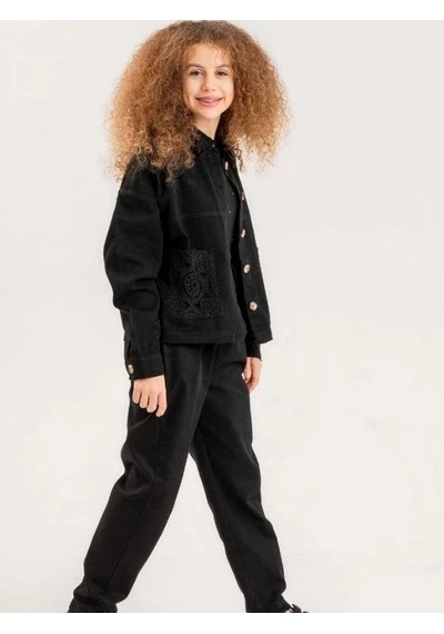 Zekids Kız Çocuk Brode Cep Gabardin Ceket-13903 Siyah
