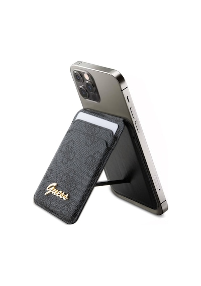 Guess Lisanslı Magnetik Standlı Kartlık 4g Desenli Metal Script Logolu Siyah