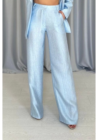 Defymoda Mavi Beli Kuşaklı Ceket Ve Pantolon Parlak Takım Mavi