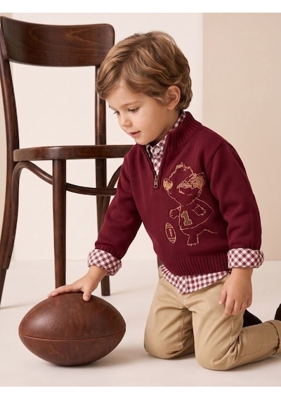 Zekids Erkek Çocuk Bordo Ayıcık Nakışlı Triko Kazak Gömlek Ve Pantolon Takım-17439