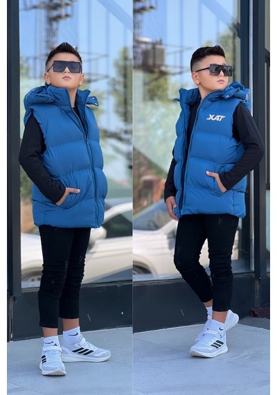 Pina Kids Erkek Çocuk Baskılı Çıkarılabilir Kapüşonlu Şişme Yelek 3017 Mavi