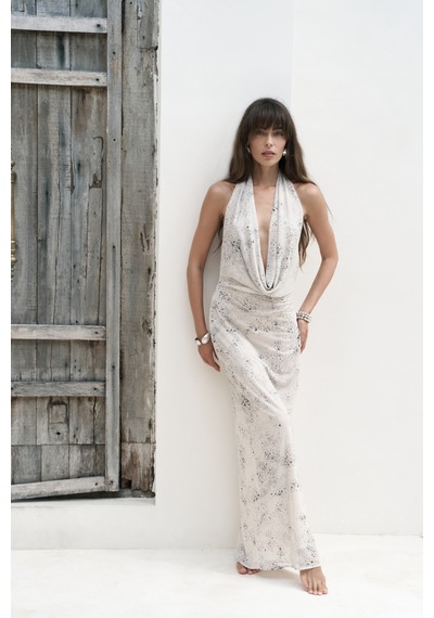 Mai Studios Co. Mai Collection Galagher Degaje Bej Uzun Elbise Bej