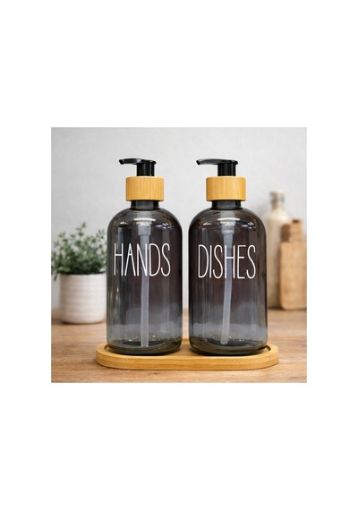 Buççin Online Mağaza 2 Li Cam Sıvı Sabunluk Seti Ahşap Standlı Mutfak&banyo İçin Şık Dispenser Hands & Dishes Cam Siya Çok Renkli