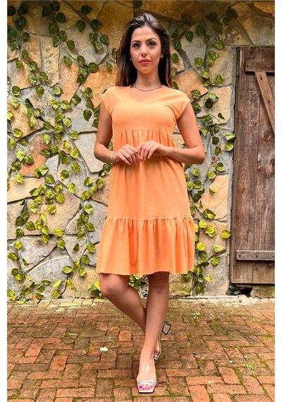 Neşeli Butik Kadın Orange Yeni Sezon V-yaka Eteği Fırfırlı Yazlık Elbise Lptr02 Orange