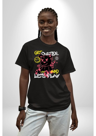 Dışarı Çık Ve Oynayalım Teddy Pamuklu Bisiklet Yaka Unisex Oversize Boyfriend Dijital Baskılı Siyah T-shirt Siyah
