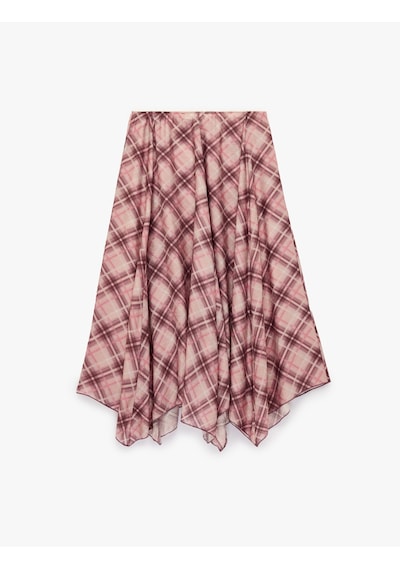Koton Koton X Melis Ağazat - Viskon Modal Kumaş Asimetrik Kesim Ekose Etek Pembe Ekose 6sak70244pw Pembe Ekoseli