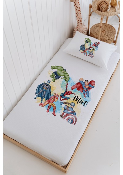 İsme Özel %100 Pamuk Bebek Ve Çocuk Tek Kişilik 165 X 225 Cm Pike Takımı-kahramanlar Beyaz
