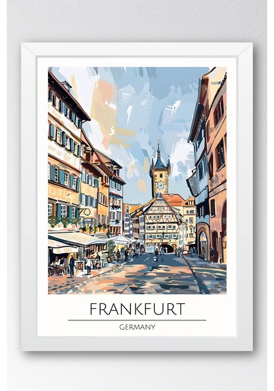 Almanya Frankfurt Temalı Çerçeveli Tablo Travel Serisi Modern İllüstrasyon Duvar Dekoru Beyaz