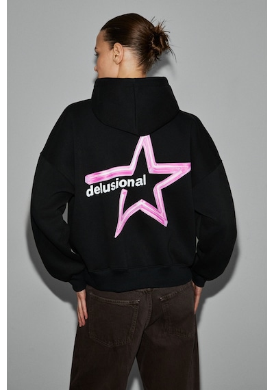 Grımelange Teraly Kadın Organik Pamuklu Polarlı Kumaşlı Baskı Detaylı Siyah Sweatshirt Siyah