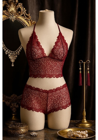 Ang Butik Kadın Bordo Dantel Bralet Şort Takımı Asil Ve Sofistike İç Giyim