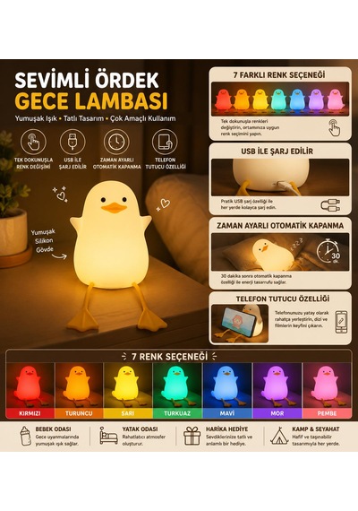 Renkli Usb Şarj Edilebilir Gece Lambası, Silikon, Hediyelik Eşya, Çocuk Gece Lambası Çok Renkli