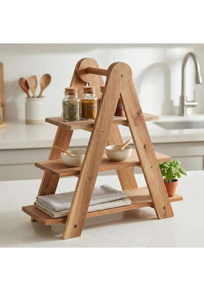 Doğal Akasya Ahşap 3 Katlı Sunum Standı - 37x12.3x37.5 Cm Çok Amaçlı Katlı Servis Tepsisi, Kura