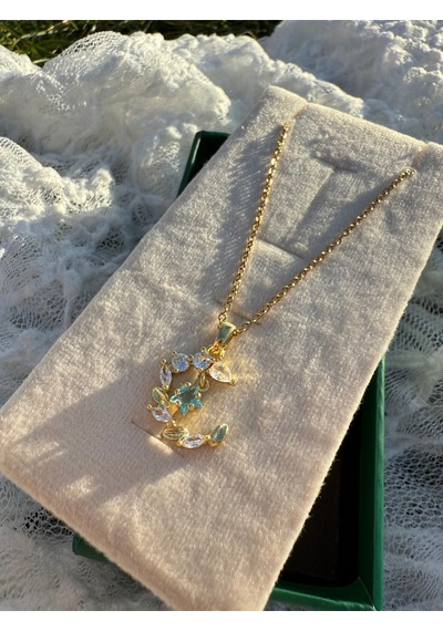 Işıltılı Taşlı Moon Floral Kolye Altın