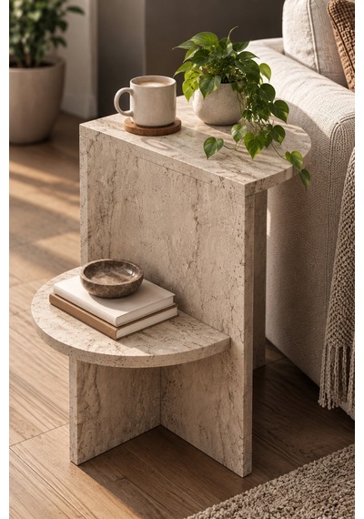 Sulorahome Ekru Traverten Desenli Raflı Yan Sehpa 53x35 Cm