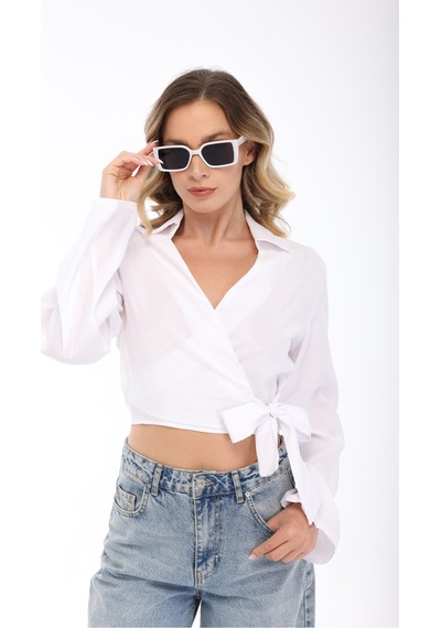 Blayn Jeans Blayn Kadın Beyaz Kruvaze Yaka Belden Bağlamalı Uzun Kollu Şık Bluz