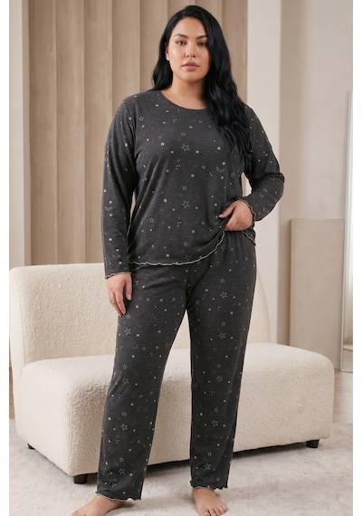 Siyah İnci Büyük Beden Battal Boy Örme Pijama Takım26240922 Antrasit