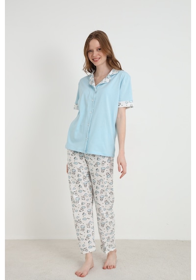 Elitol Pamuklu Kadın Düğmeli Pijama Takımı Mavi-1
