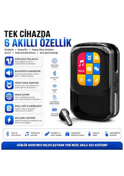 Beemen Talkie One Aı Large Bluetooth 6.0 Akıllı Kulak İçi Kulaklık ve Dokunmatik Ekranlı Şarj Kutusu