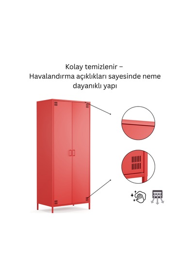 Pera Metal Elbise Dolabı, Soyunma Dolabı, İki Kapılı, 80,50 X 50 X 189,50 Cm Ral 3020 Kırmızı