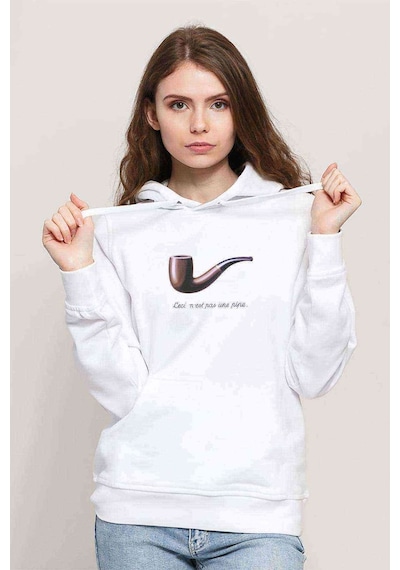 C'Est Ne Pas Une Pipe Baskılı Beyaz Kadın Kapşonlu Sweatshirt
