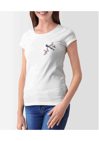 Watercolor Chinese Flowers And Birds Kadın Beyaz Tshirt