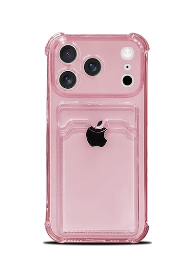 Teknomoda Apple Uyumlu iPhone 17 Pro Max Kılıf Kartlıklı Anti Şok Korumalı Şeffaf Silikon Pembe Pembe