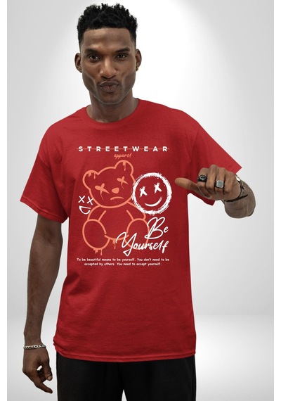 Yükseliş İçin Kendin Ol Pamuklu Bisiklet Yaka Unisex Oversize Boyfriend Dijital Baskılı Kırmızı T-shirt Kırmızı