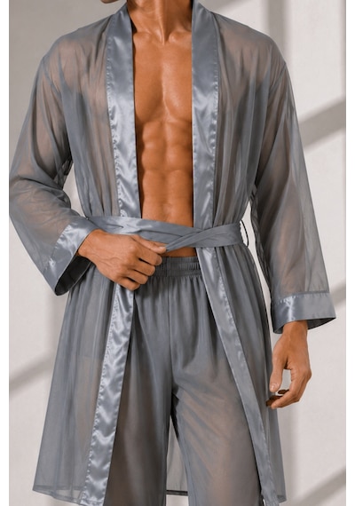 Qmen Style Erkek Şifon 3'lü Kimono - Pijama - Şort Seti Gri