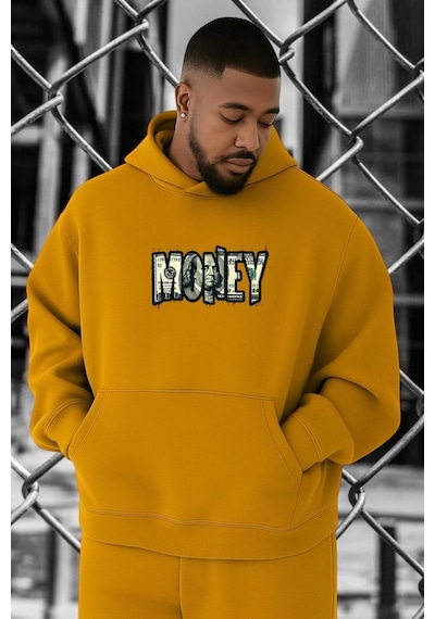Benroma Money Baskılı Büyük Beden Sweatshırt Sarı