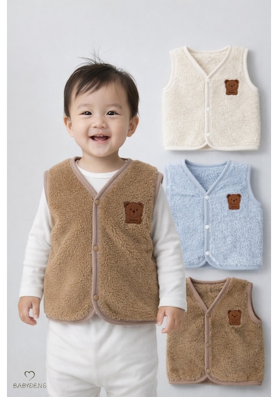 Babyden's 3 Lü Welsoft Yelek Seti Erkek Bebek Çocuk Kışlık Peluş Yumuşak Çıtçıtlı Bebek Yeleği Çok Renkli
