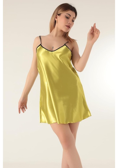İnce Askılı Mini Saten Gecelik-336,fıstık Yesılı S/m Açık Bej - Beyaz