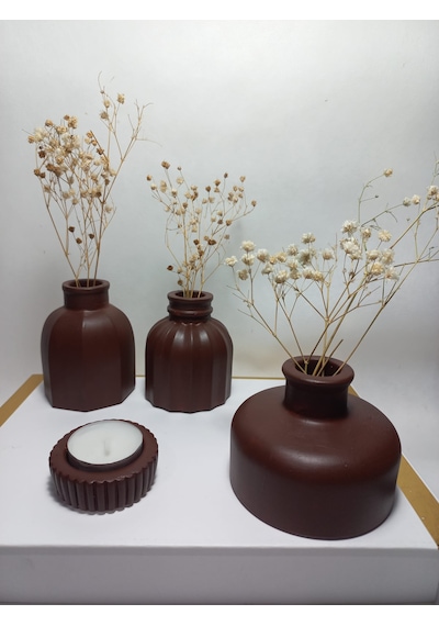 Modern Minimal Vazo Set 3'lü, Ev & Ofis Hediyelik, Dekoratif Obje, Kahverengi