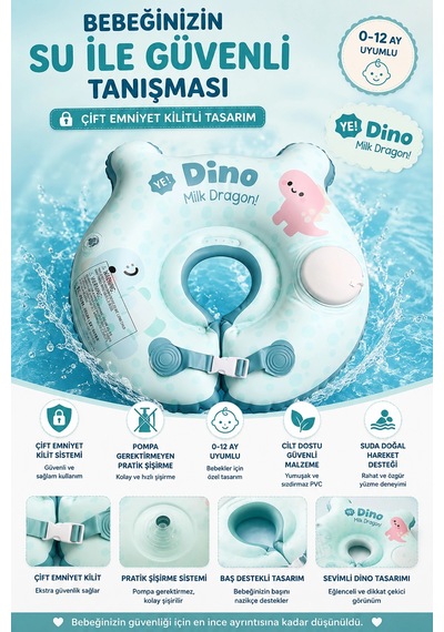 Bebek Boyun Yüzme Simidi Bas Şişir Pratik 0-1 Yaş Çift Emniyet Kilitli Mavi Dino Simit Nr014