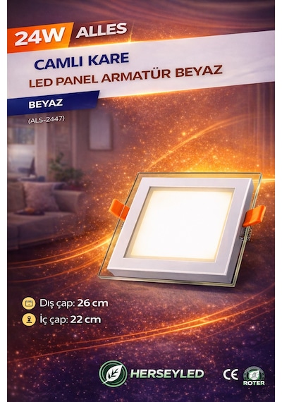 24w Camlı Kare Led Panel Armatür Beyaz Beyaz