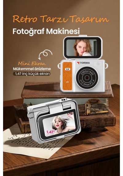 Torima CMR46 Mini Dijital Kamera 2k Flip Ekranlı Selfie Video Vlog Kamerası Turuncu