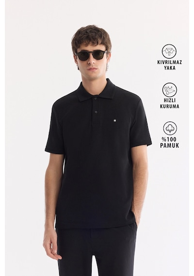 Avva Erkek Siyah Kıvrılmaz Polo Yaka %100 Pamuk Basic Regular Fit T-shirt B001032